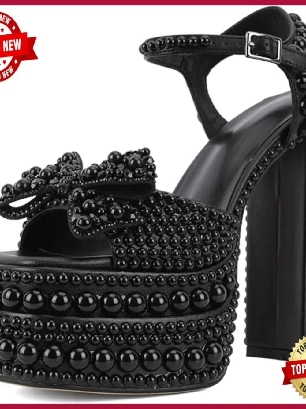 Pearl Platform Heeled Sandals Round Toe Ankle Strap Wedding Evening